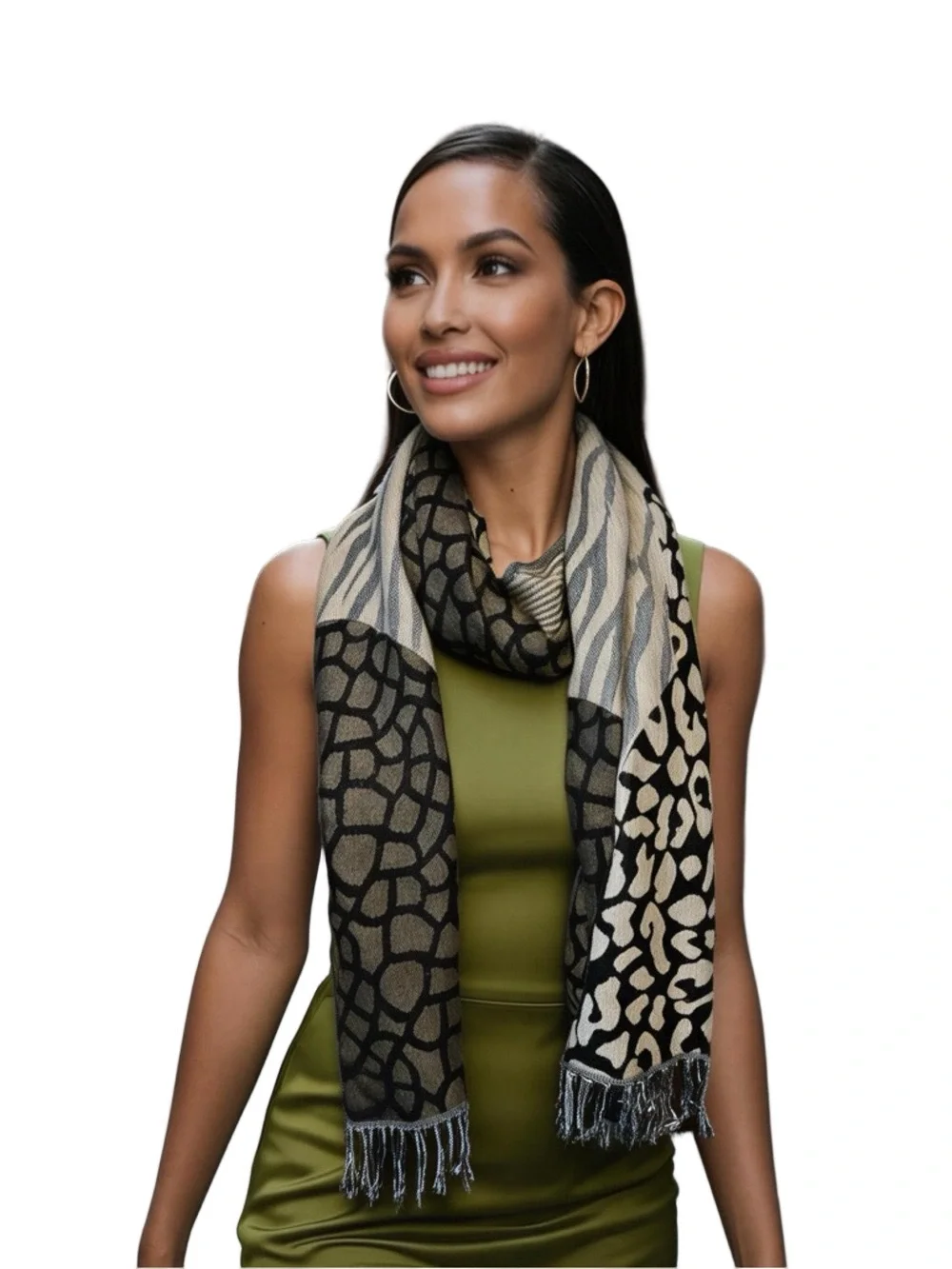 Mixed Animal Print Scarf Wrap With Fringe